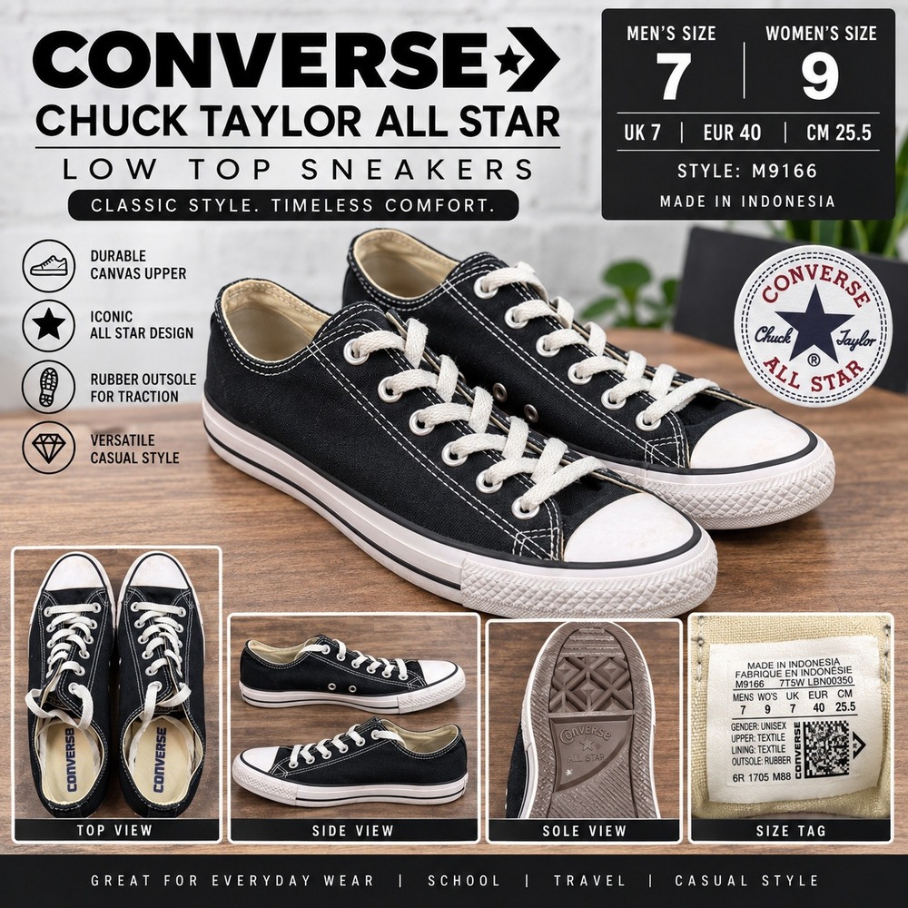 Converse Chuck Taylor All Star Low Top Sneakers Black M9166 Mens 7 Womens 9